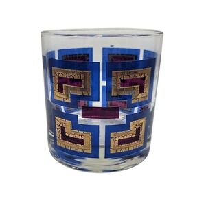 Vintage Berta MCM Rocks Glass Blue Purple Gold Greek Key Geometric Barware